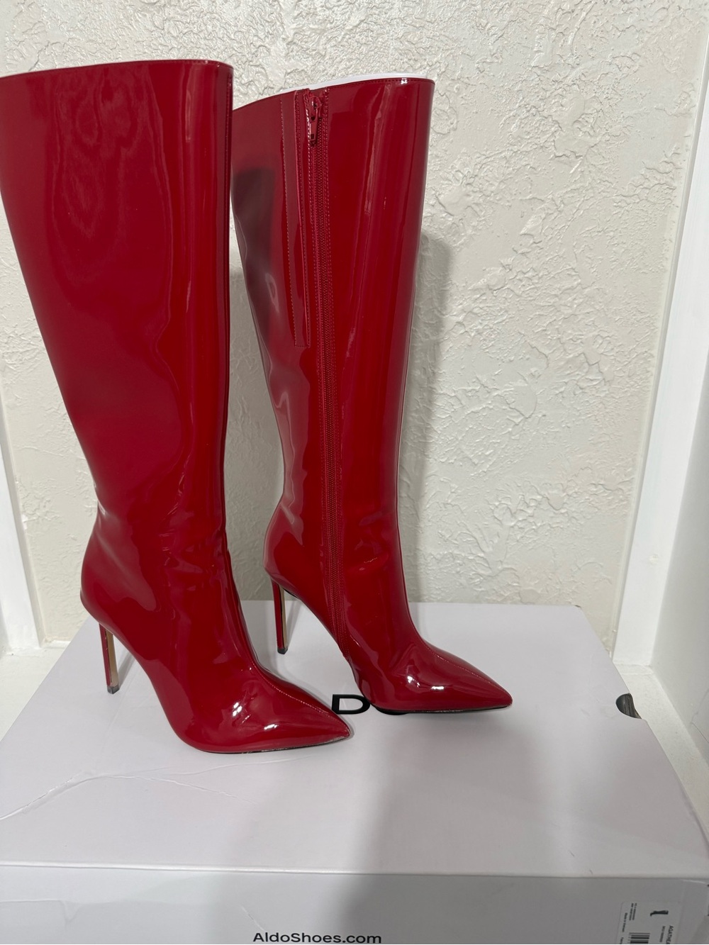 Aldo Red Patent Knee-High Stiletto Boots